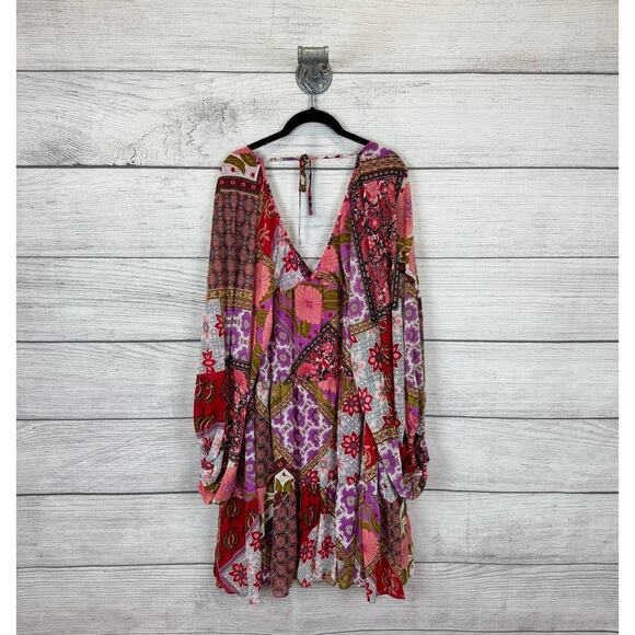 Aakaa Women's Floral Purple Red Boho Long Sleeve Dress Size 3X - Picture 7 of 8